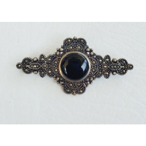 Unbranded Jewelry - 925 Sterling Silver Vintage Black Onyx & Marcasite Brooch Pin 2"